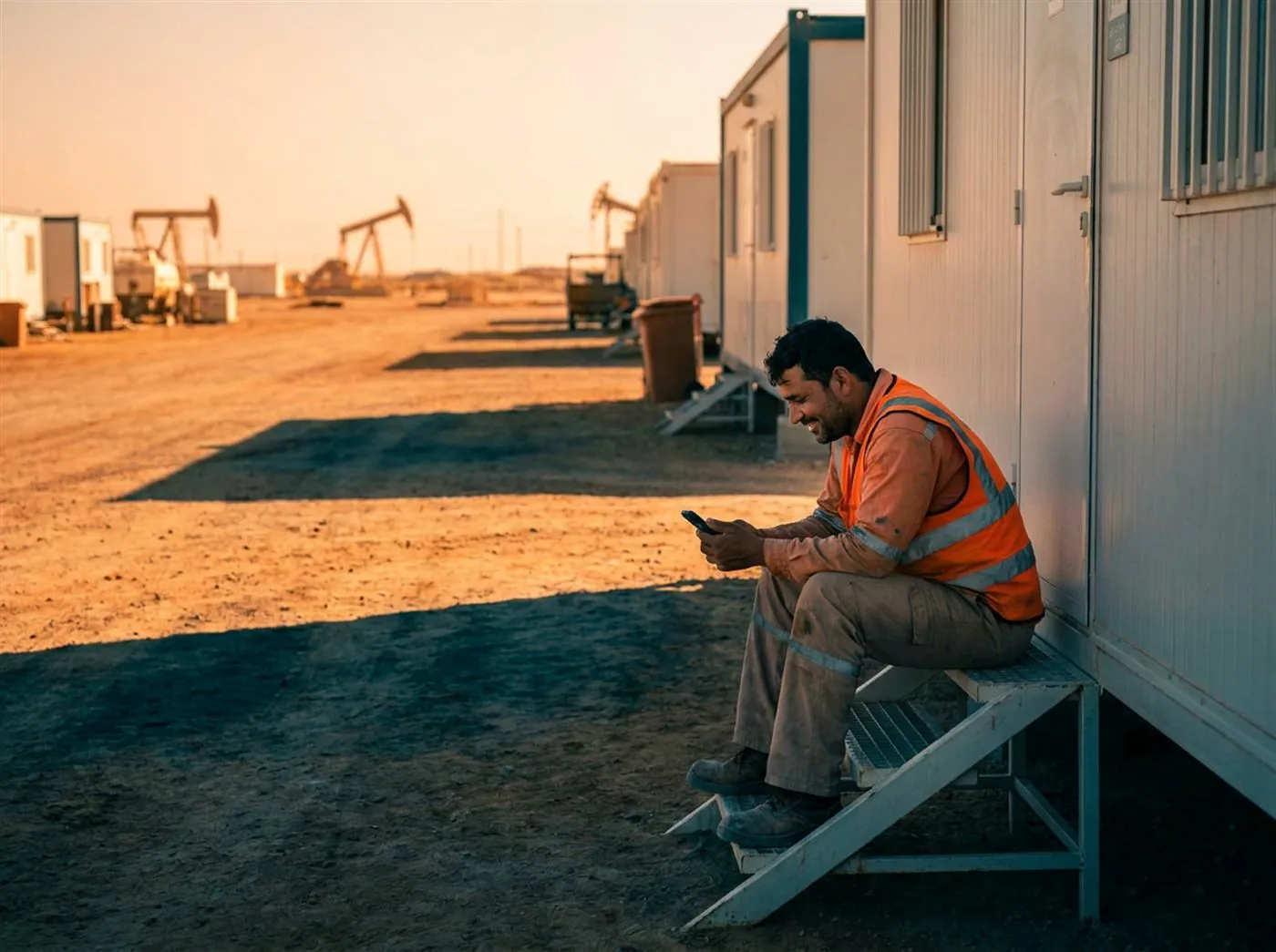 A resident using the CampIQ app outside his cabin